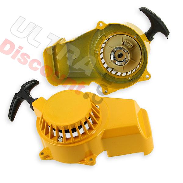 Avviamento a strappo in alluminio + Pignone in alluminio per mini moto giallo, Ricambi pocket supermoto Avviamento a strappo in alluminio + Pignone in alluminio per mini moto giallo, Ricambi pocket supermoto